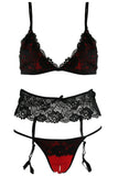 Red and Black Lace Bralette, Garter & Panty Set in S/M