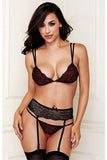 Red and Black Lace Bralette, Garter & Panty Set in M/L