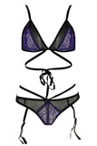 Purple Criss Cross Lace Bikini Set with Garters in M/L
