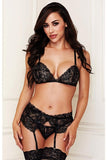 Black Floral Lace Bra, Garter & G-String in S/M