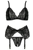 Black Floral Lace Bra, Garter & G-String in S/M