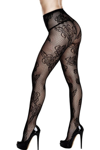 Black Dotted Floral Lace Pantyhose in OSXL