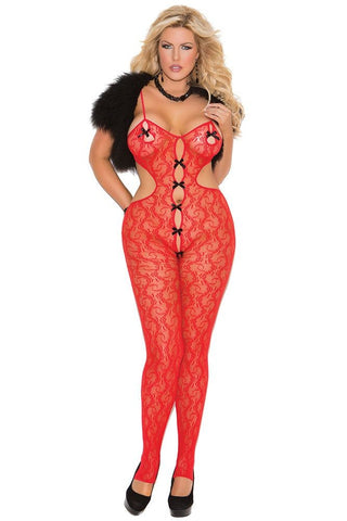 Red Floral Lace Bodystocking with Bow Details in OSXL