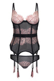 Pink Bardot Lace and Black Bustier and Thong in M
