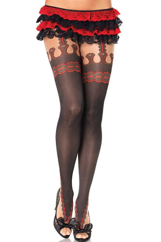 Marquee Print Pantyhose with Faux Garterbelt Detail in OS
