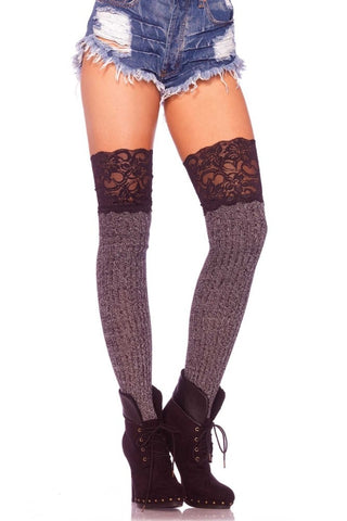 Ribbed Over the Knee Socks with Lace Top in Grey/Black