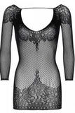 Long Sleeved Ring Net and Floral Lace Mini Dress in OS