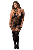 Black Floral Lace Cage Strap Bodystocking in OSXL