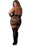 Black Floral Lace Cage Strap Bodystocking in OSXL