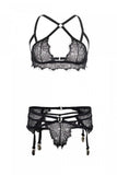 Black Eyelash Lace Bralette & Cage Strap Garter in M/L