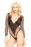 Black Floral Lace and Fishnet Long Sleeved Teddy in OS