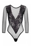 Black Floral Lace and Fishnet Long Sleeved Teddy in OS