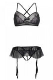 Black Eyelash Lace Bralette & Ruffled Garter Panty in OS