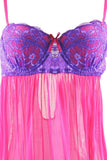 Bright Pink Babydoll with Purple Floral Lace Overlay in S