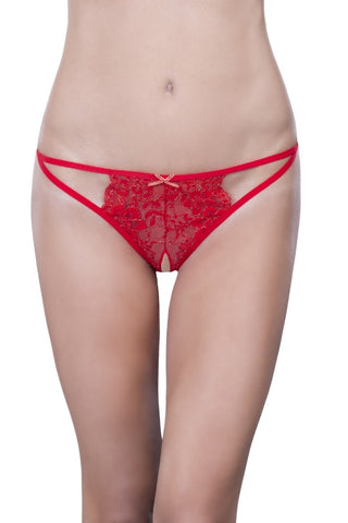 Red and Gold Lace Lurex Crotchless Thong in OS