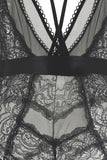 V-Plunge Strappy Black Mesh and Lace Teddy in L