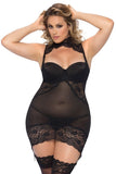 Collared Black Lace and Mesh Babydoll in 3X