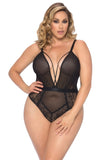 V-Plunge Strappy Black Mesh and Lace Teddy in 1X