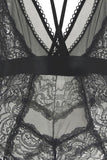 V-Plunge Strappy Black Mesh and Lace Teddy in 4X