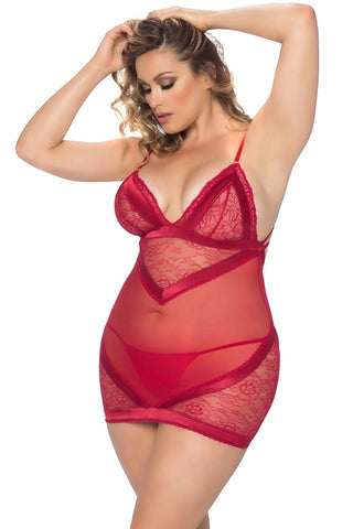Merlot Lace & Satin Babydoll Set in 1X