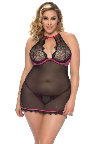 Merlot and Black Sheer Halter Babydoll & G-String in 2X