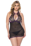 Violet and Black Cutout Lace Babydoll & G-String in 2X