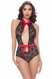 Black Lace Teddy with Red Satin Ties in OS