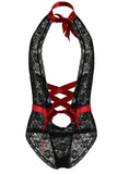 Black Lace Teddy with Red Satin Ties in OS