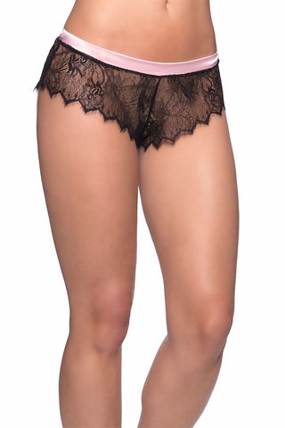 Black Eyelash Lace Shorty with Satin Pink Trim in S/M