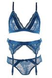 Mykonos Blue Lace Bra, Panty and Garter in S