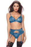 Mykonos Blue Lace Bra, Panty and Garter in L