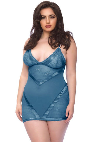 Mykonos Blue Satin Trimmed Babydoll & G-String in 2X