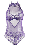 Dark Plum High Neck Lace & Mesh Teddy in S