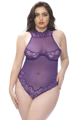Dark Plum High Neck Lace & Mesh Teddy in 3X