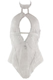 White Floral Striped Collared Teddy in S/M