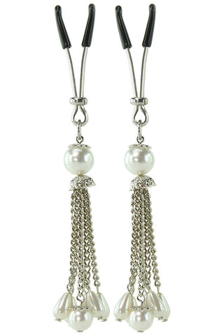 Tweezer Nipple Clamps with Pearl Beaded Tassels in White Pe