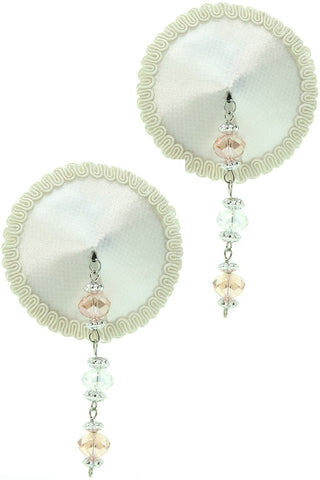 Round White Satin Nipple Covers with Pink Crystal Beading