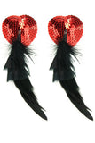 Red Sequin and Black Feather Heart Pasties