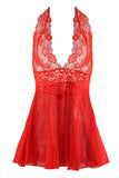 Lace and Mesh Halter Babydoll Set Red in L