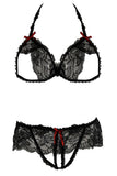 Lace Peek-a-Boo Bra & Panty Set Black in M/L
