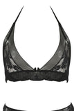 Lace & Mesh Bra, Garter & G-String Set Black in S/M