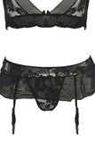 Lace & Mesh Bra, Garter & G-String Set Black in S/M