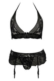 Lace & Mesh Bra, Garter & G-String Set Black in S/M
