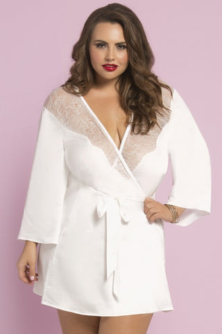 White Satin and Eyelash Lace Robe in OSXL