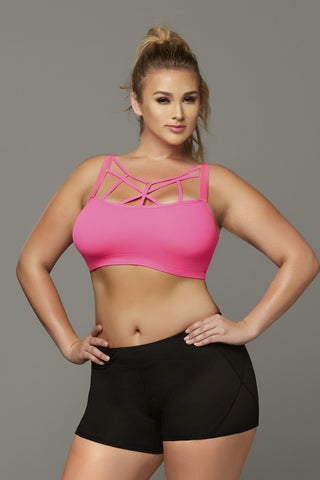 Fluorescent Pink Strappy Sports Bra in 1X/2X