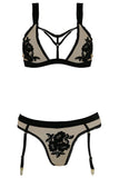 Nude Mesh Bra & Panty with Black Applique in XL