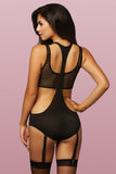 Black Microfiber & Fishnet Bodysuit in OS