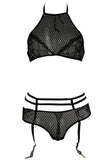 Crotchet Black Net & Floral Lace Bra Set in OS