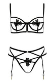 Black Caged Bra, Panty & Glove Set in OS