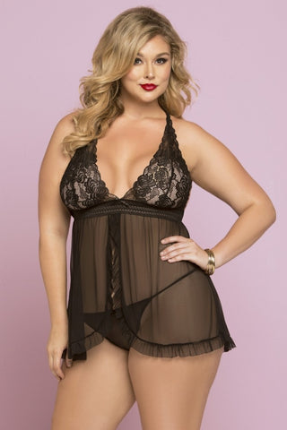 Black Peony Lace & Mesh Babydoll in 3X/4X